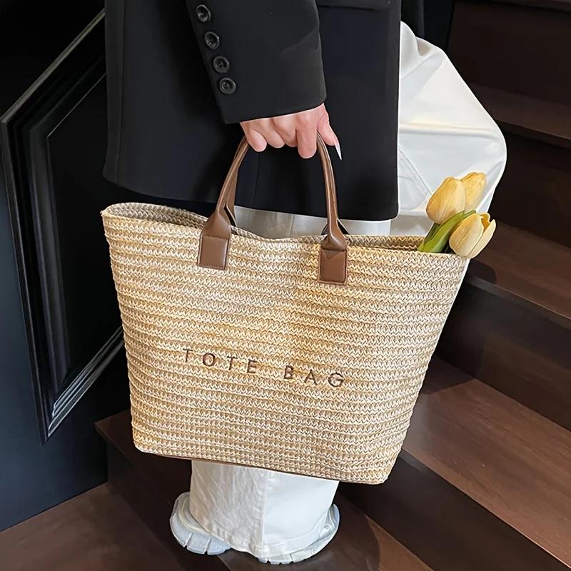 Sac tissé brodé avec lettres de transport de grande capacité,
