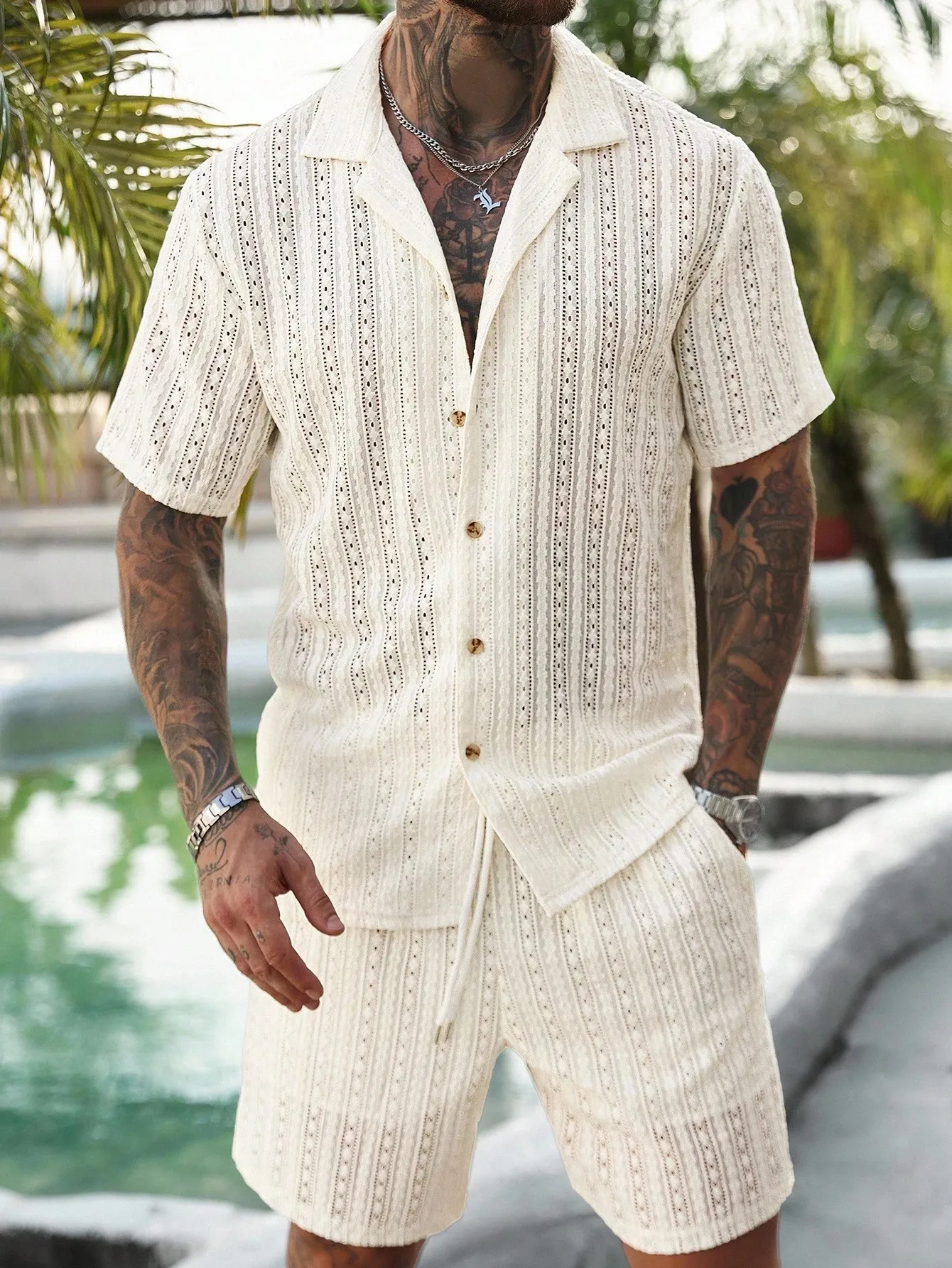 Ensemble 2 pièces en tricot crocheté pour hommes, chemise à