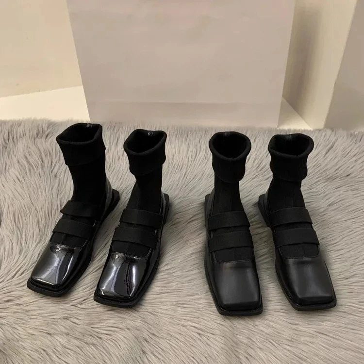 Bottes chaussettes carrées tricotées de style britannique pour femmes, mocassins
