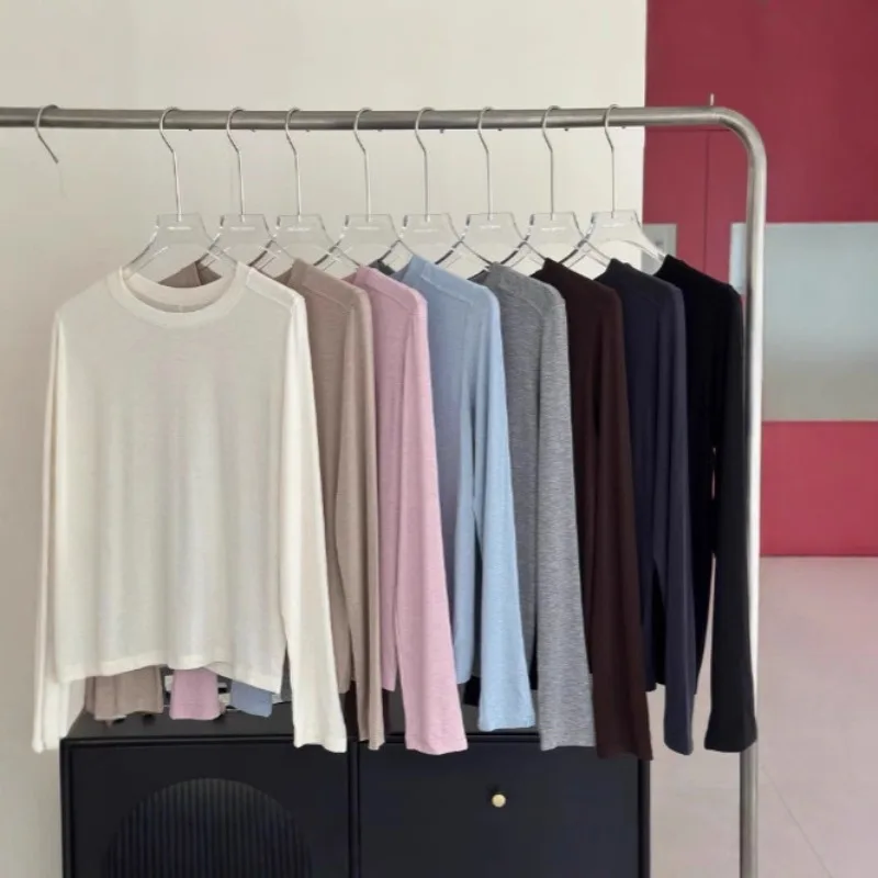 Pull basique mi-long en laine Tencel Lanjing, T-shirt à manches