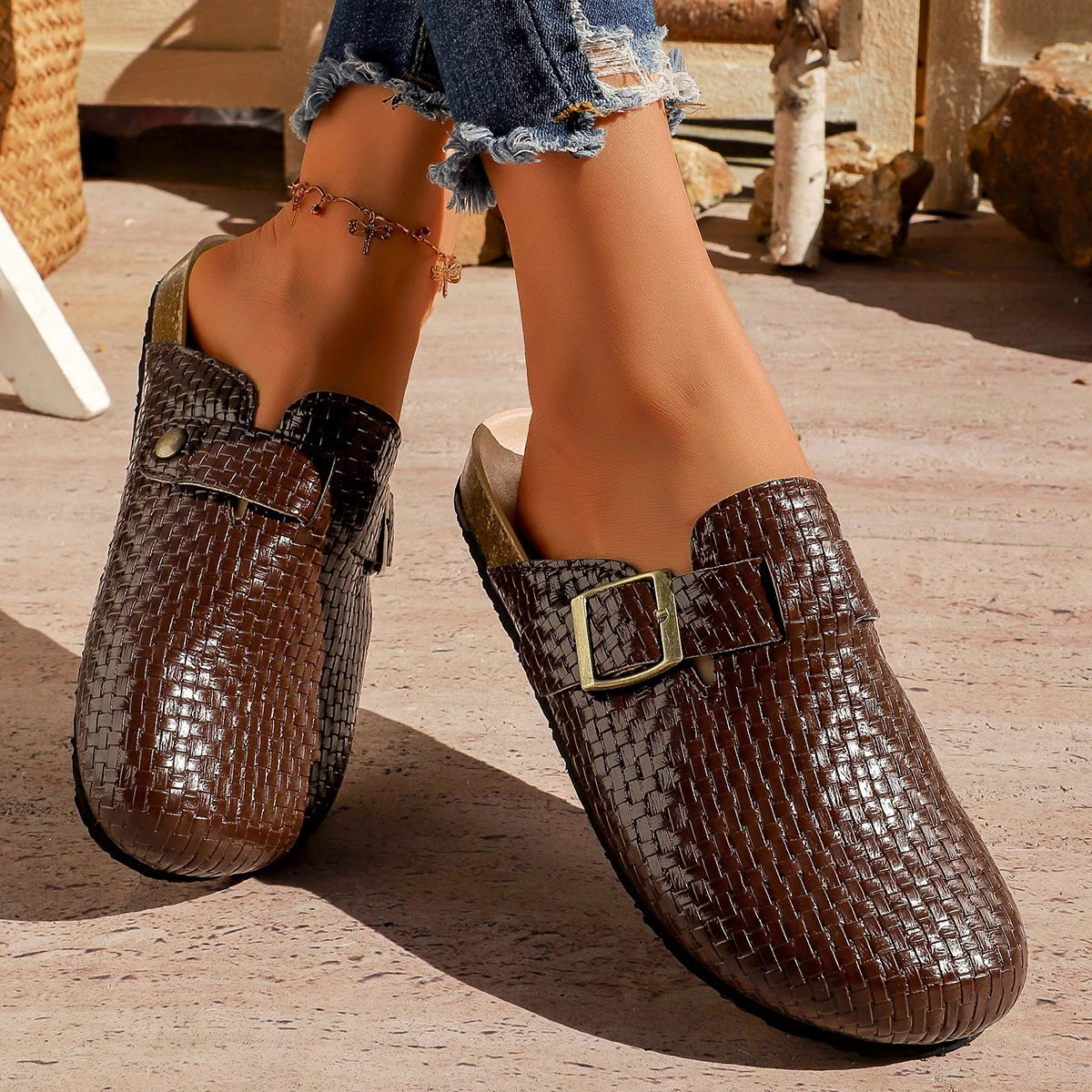 Mules et sabots Baotou pour femme, en cuir tressé, avec