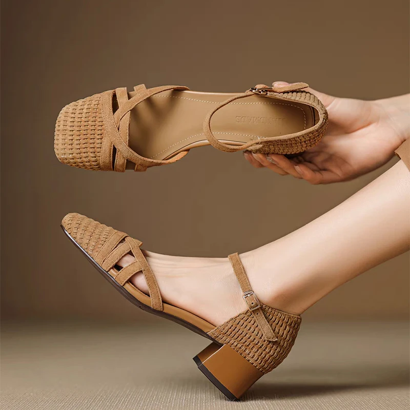 Rétro tissage sandales à talons hauts femmes 2025 été bout