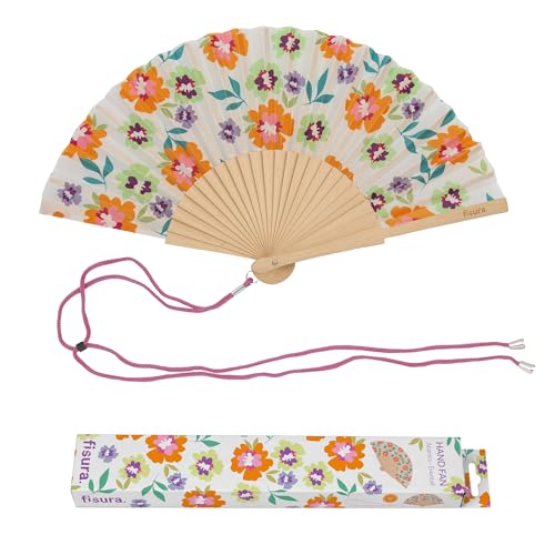 Fisura – Éventail en Bois Motif Fleurs Orange et Bleu,