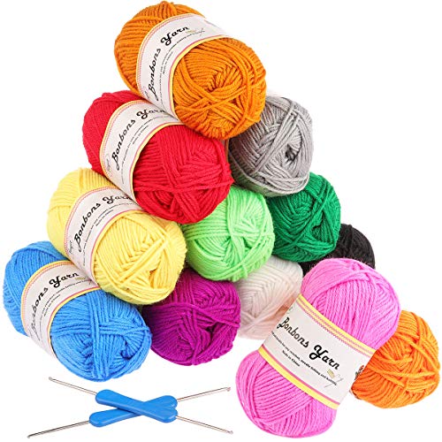 Fil à tricoter Fuyit 12 couleurs (12x50g) avec 2 crochets