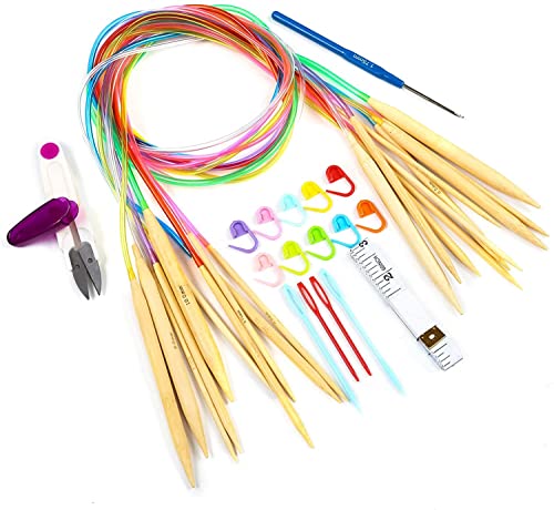 LIHAO 10 Paires Aiguilles Circulaires Bambou 3.5-10.0mm avec Accessoires Tricot