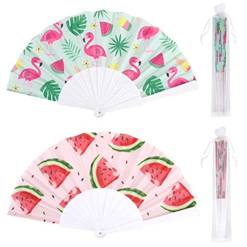 2Pcs Eventail Eté Plastique Mariage Pliant Eventail Flamant Rose Main